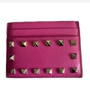 Valentino Garavani Pink Leather Rockstud Card Holder Case Wallet